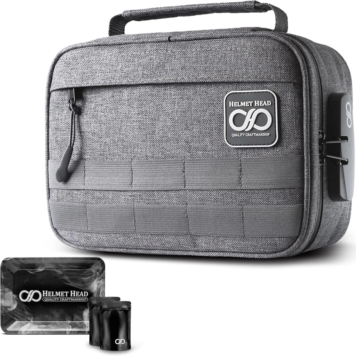 HELMET HEAD Smell Proof Bag with Lock, Smell Proof Stash Bag comes with a Metal Tray and Mylar Bags, this Smell Proof Case Offer Plenty of Room to keep all your Herbs Securely Together (Gray)