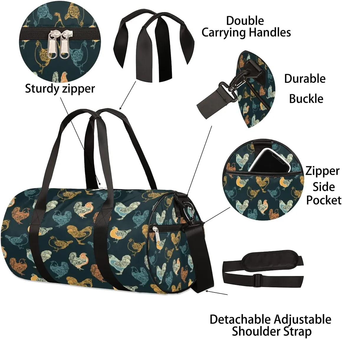 Hen Sketch Gym Bag Small Gym Duffel Bags for Men Women Pastel Overnight Weekender Bag Lightweight Sport Duffle Bag Carry On Gymbag