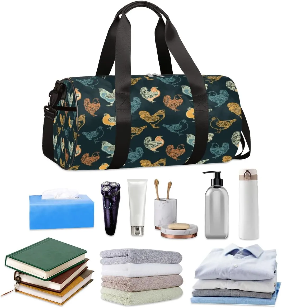 Hen Sketch Gym Bag Small Gym Duffel Bags for Men Women Pastel Overnight Weekender Bag Lightweight Sport Duffle Bag Carry On Gymbag