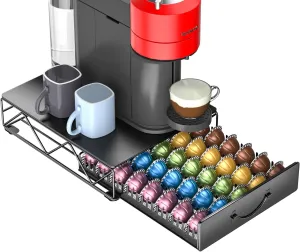 HFHOME Coffee Pod Holder Drawer Compatible with Nespresso - 40 Large or 60 Small VertuoLine Pods - Black Metal Coffee Capsule Storage Organizer for Vertuo - Coffee Capsule Holder for Kcup Home Kitchen