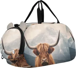 Highland Cow Duffle Bag for Girl, Sports Duffle Gym Bags with Shoe Compartment, Personalized Overnight Bag Travel Weekender for Kids