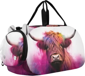 Highland Cow Duffle Bag for Girl, Sports Duffle Gym Bags with Shoe Compartment, Personalized Overnight Bag Travel Weekender for Kids