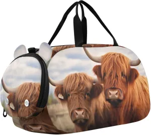 Highland Cows Duffle Bag for Girl, Sports Duffle Gym Bags with Shoe Compartment, Personalized Overnight Bag Travel Weekender for Kids