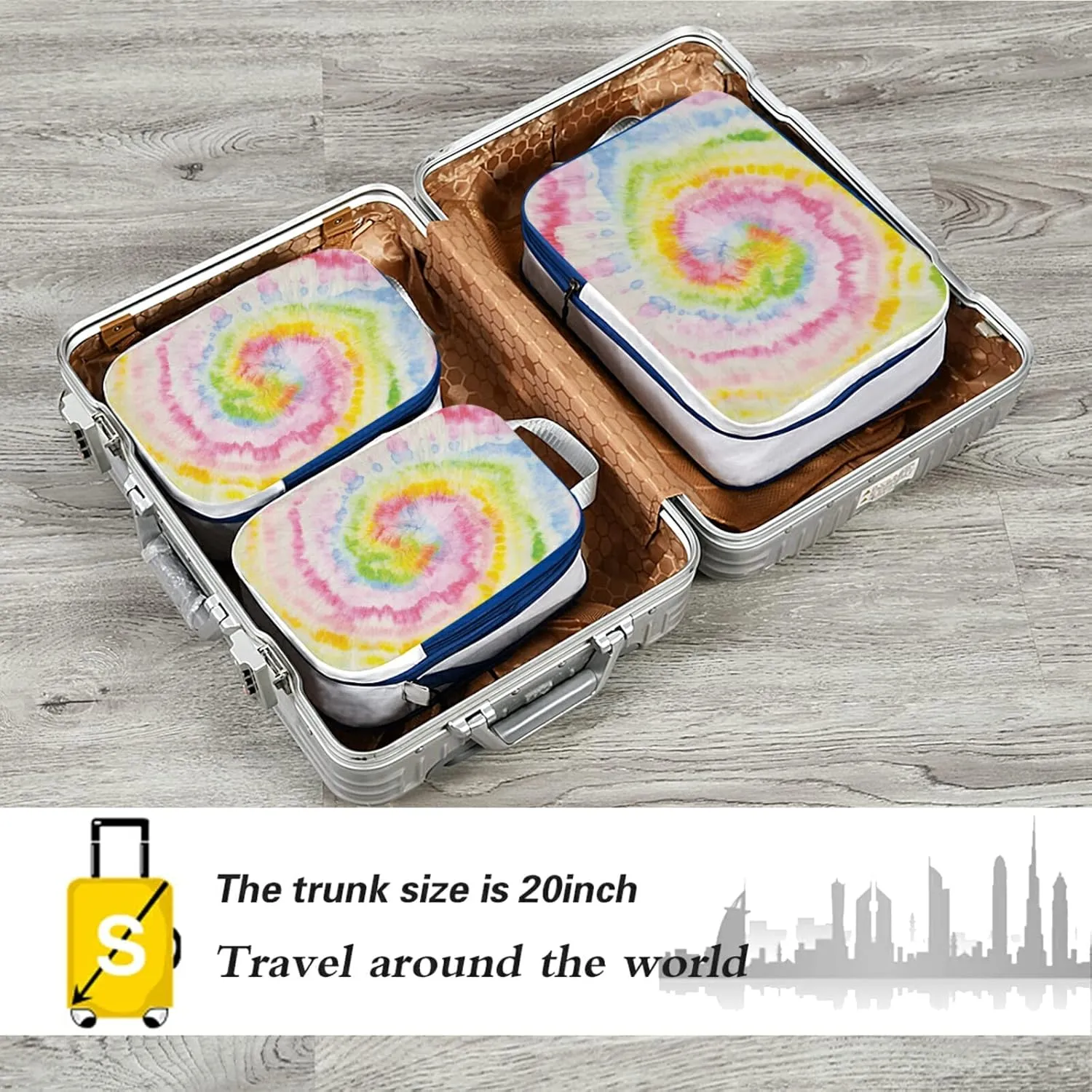 Hippie Tie Dye Swirl Psychedelic Gradient Spiral Dyed Rainbow Circle 3 Piece set Cubes Expandable Adjustable Luggage Packing Bags, Ultralight Organizer Accessories Travel Suitcase Compressible Bags