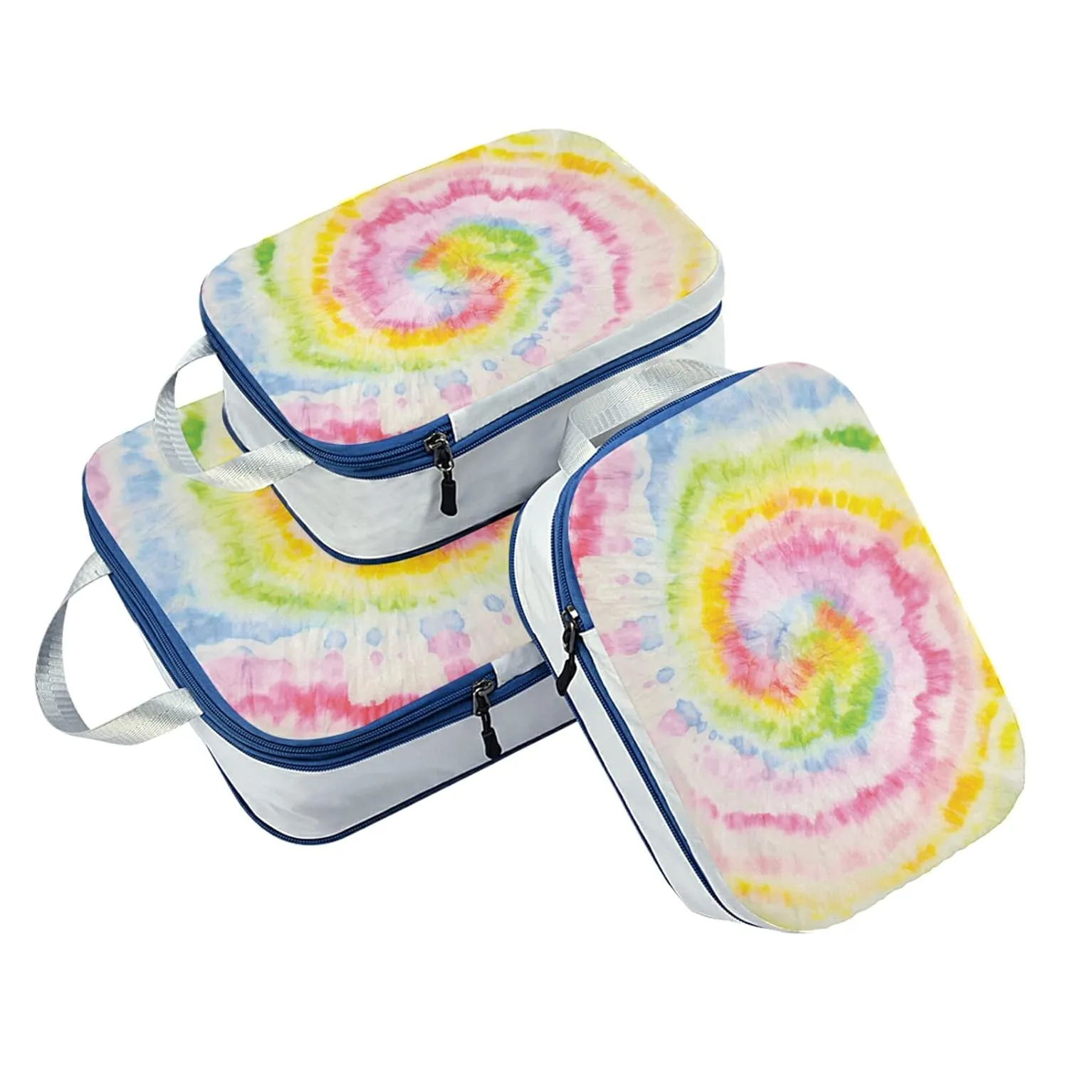 Hippie Tie Dye Swirl Psychedelic Gradient Spiral Dyed Rainbow Circle 3 Piece set Cubes Expandable Adjustable Luggage Packing Bags, Ultralight Organizer Accessories Travel Suitcase Compressible Bags
