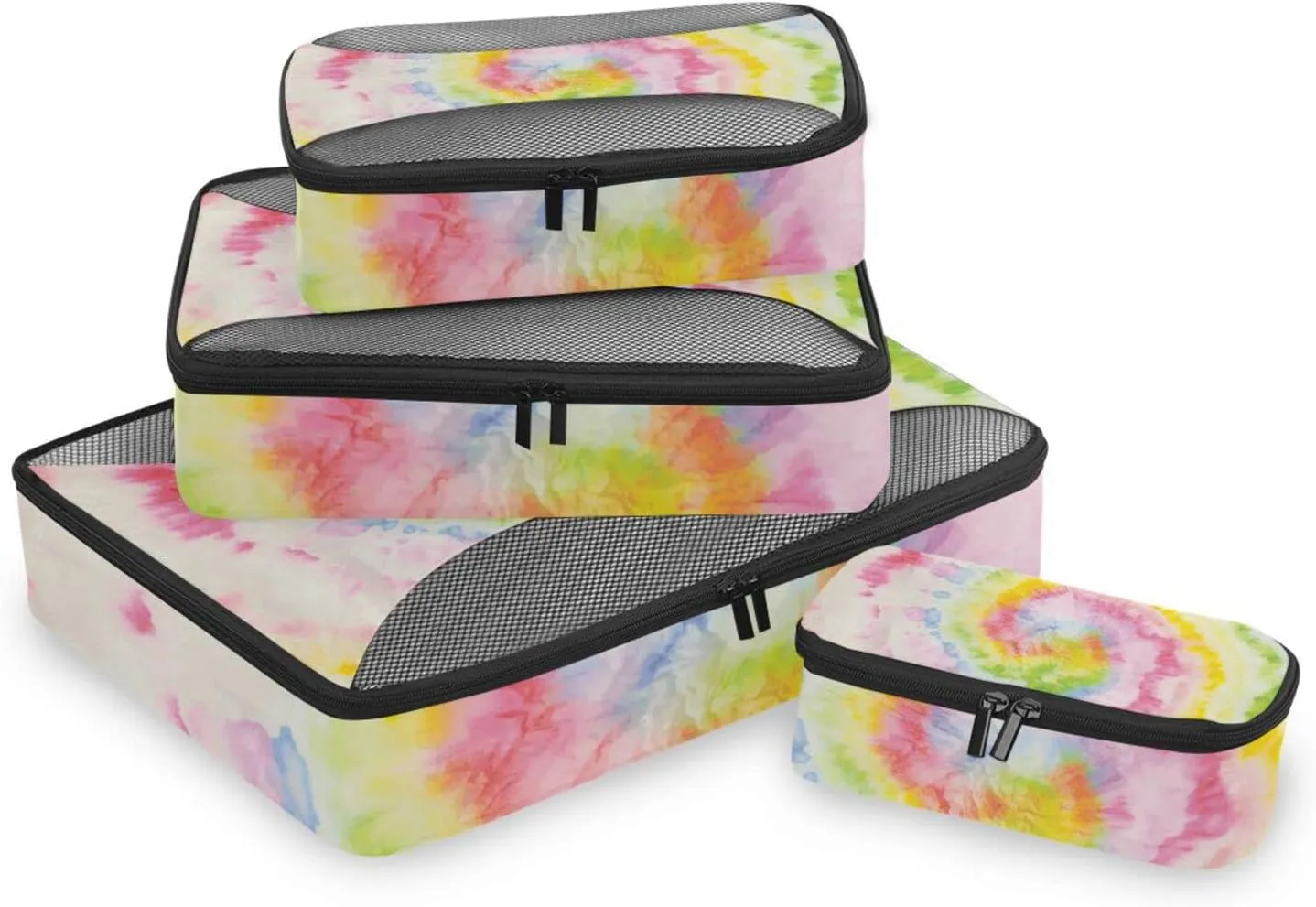 Hippie Tie Dye Swirl Psychedelic Gradient Spiral Dyed Rainbow Circle 4 PCs Set Packing Bags, Luggage Organizer Bag, Portable Cube Toiletry bag, Durable Travel Cosmetic Storage Bag for Men Women