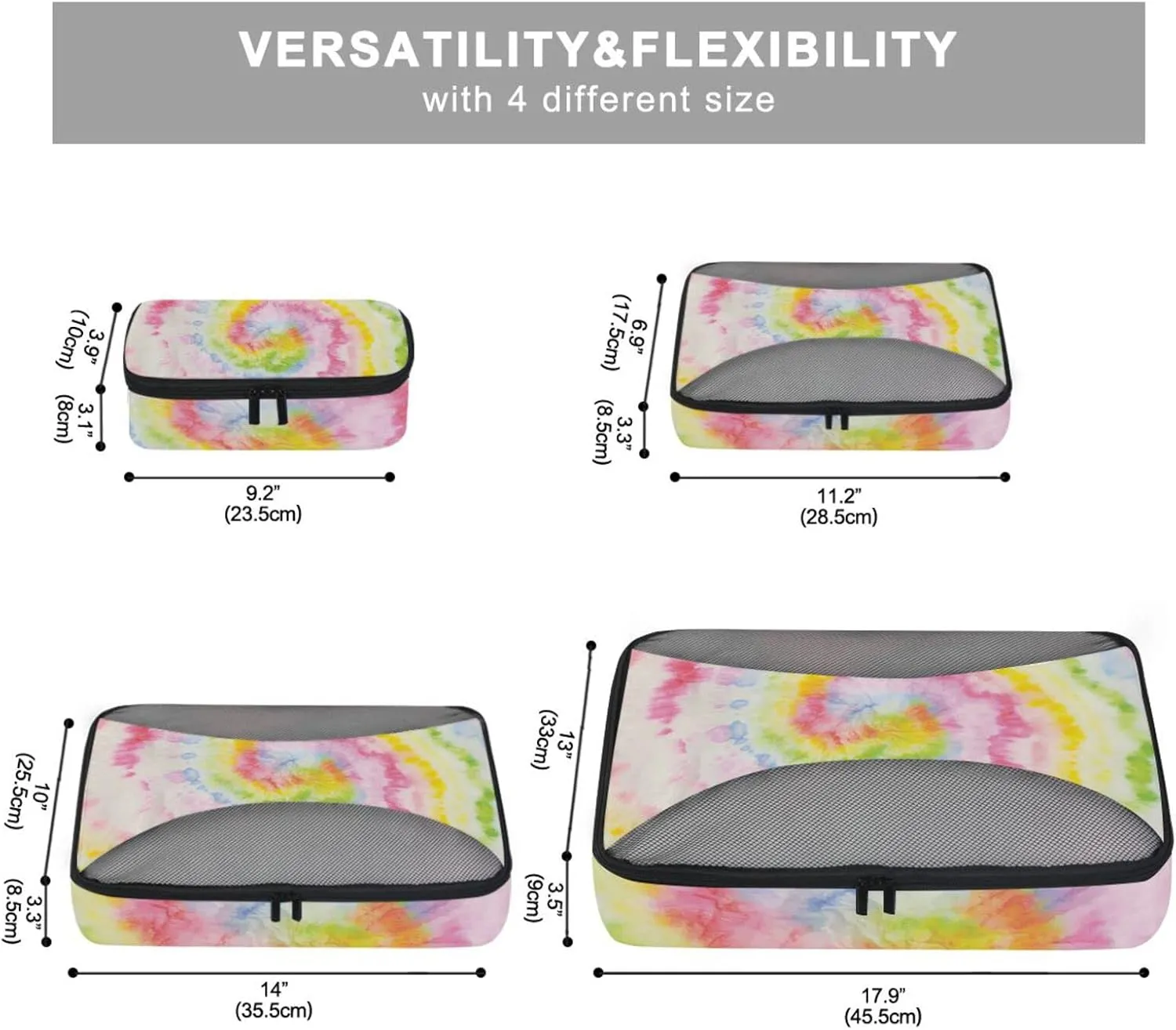 Hippie Tie Dye Swirl Psychedelic Gradient Spiral Dyed Rainbow Circle 4 PCs Set Packing Bags, Luggage Organizer Bag, Portable Cube Toiletry bag, Durable Travel Cosmetic Storage Bag for Men Women