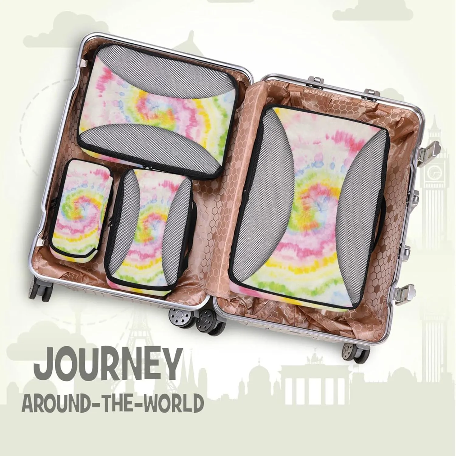 Hippie Tie Dye Swirl Psychedelic Gradient Spiral Dyed Rainbow Circle 4 PCs Set Packing Bags, Luggage Organizer Bag, Portable Cube Toiletry bag, Durable Travel Cosmetic Storage Bag for Men Women