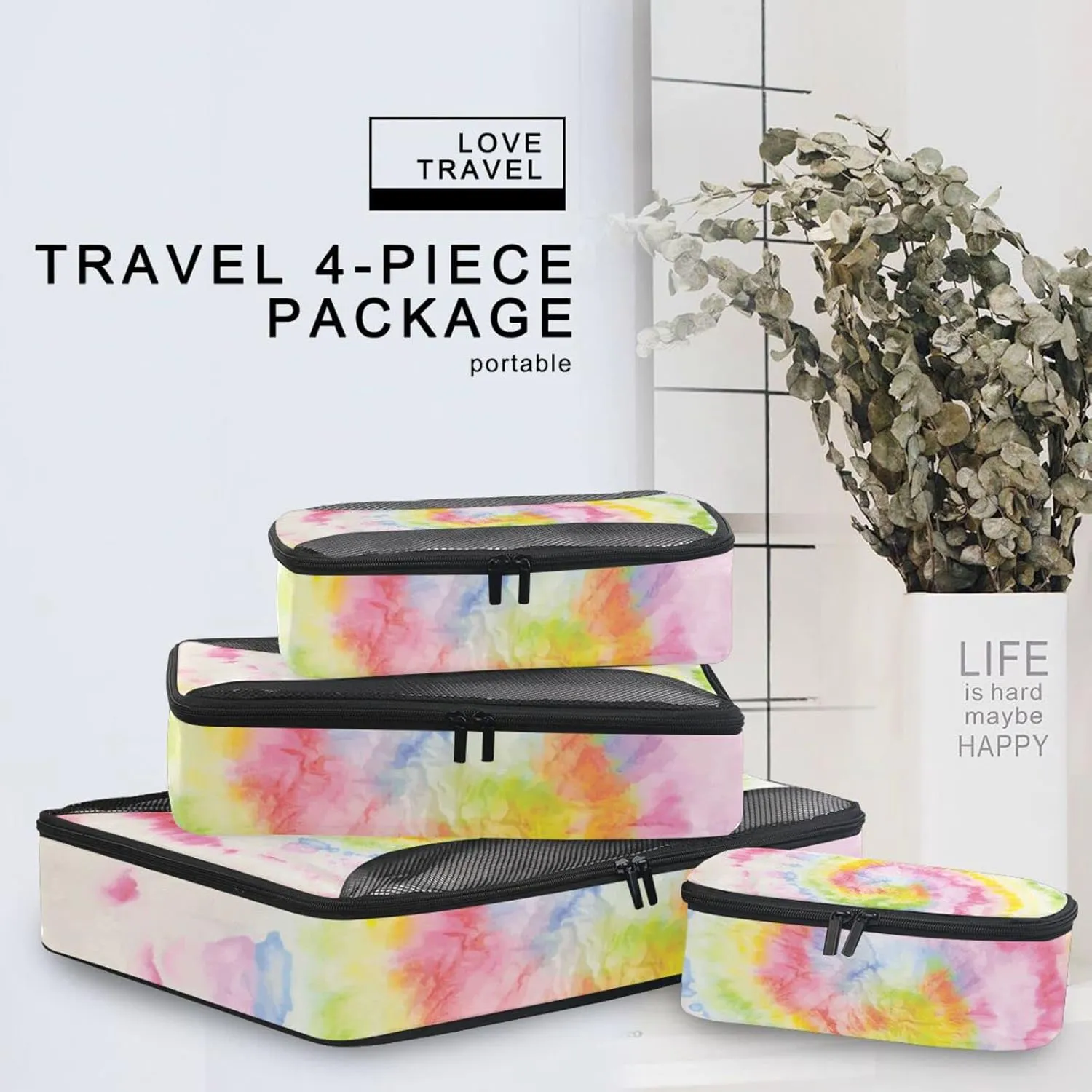 Hippie Tie Dye Swirl Psychedelic Gradient Spiral Dyed Rainbow Circle 4 PCs Set Packing Bags, Luggage Organizer Bag, Portable Cube Toiletry bag, Durable Travel Cosmetic Storage Bag for Men Women