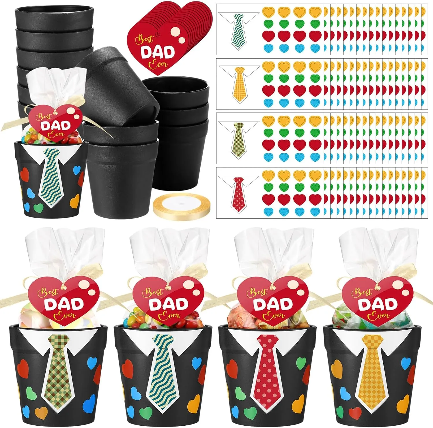 Hollowfly 24 Sets Father's Day Gifts with 24 Pots 24 Gift Bags 24 Stickers 24 Cards Father's Day Crafts Fun Activities DIY Dad Gift Crafts Party Favors Goodie Bags