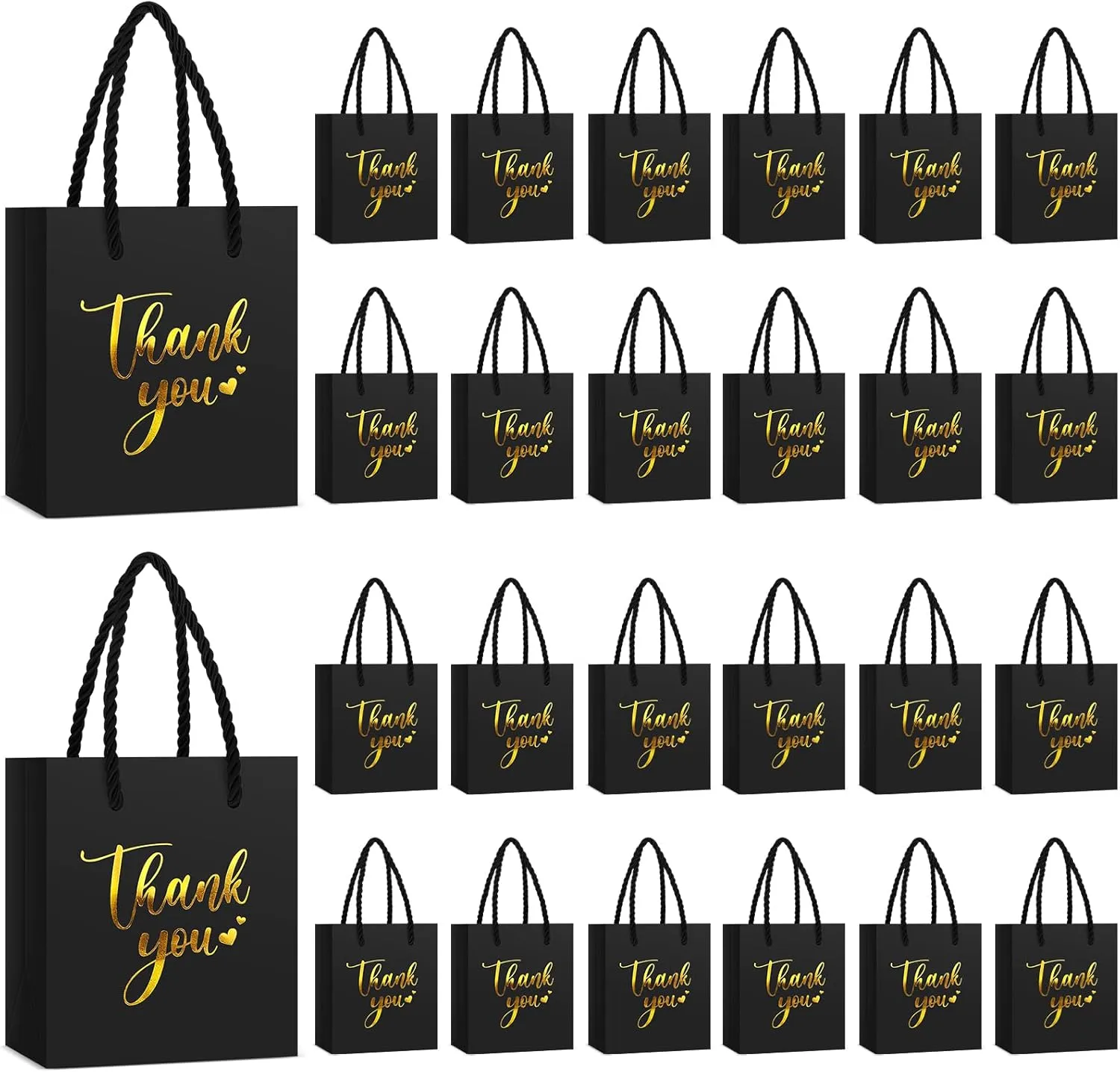 Honoson 60 Pcs Mini Gift Bag with Handle 4 x 2.75 x 4.5'' Small Thank You Paper Foil Gift Bag for Wedding Birthday Party Favor(Black)