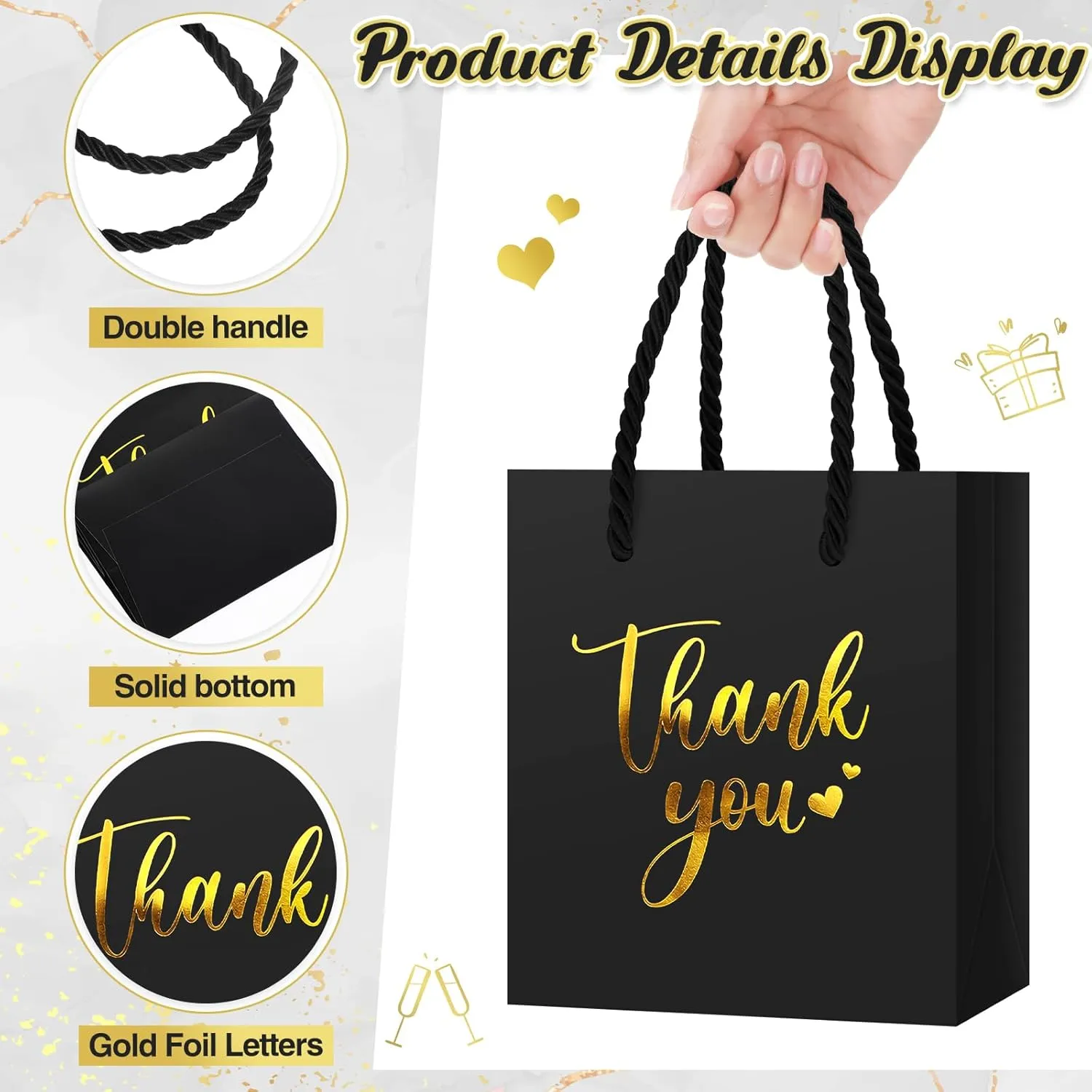 Honoson 60 Pcs Mini Gift Bag with Handle 4 x 2.75 x 4.5'' Small Thank You Paper Foil Gift Bag for Wedding Birthday Party Favor(Black)