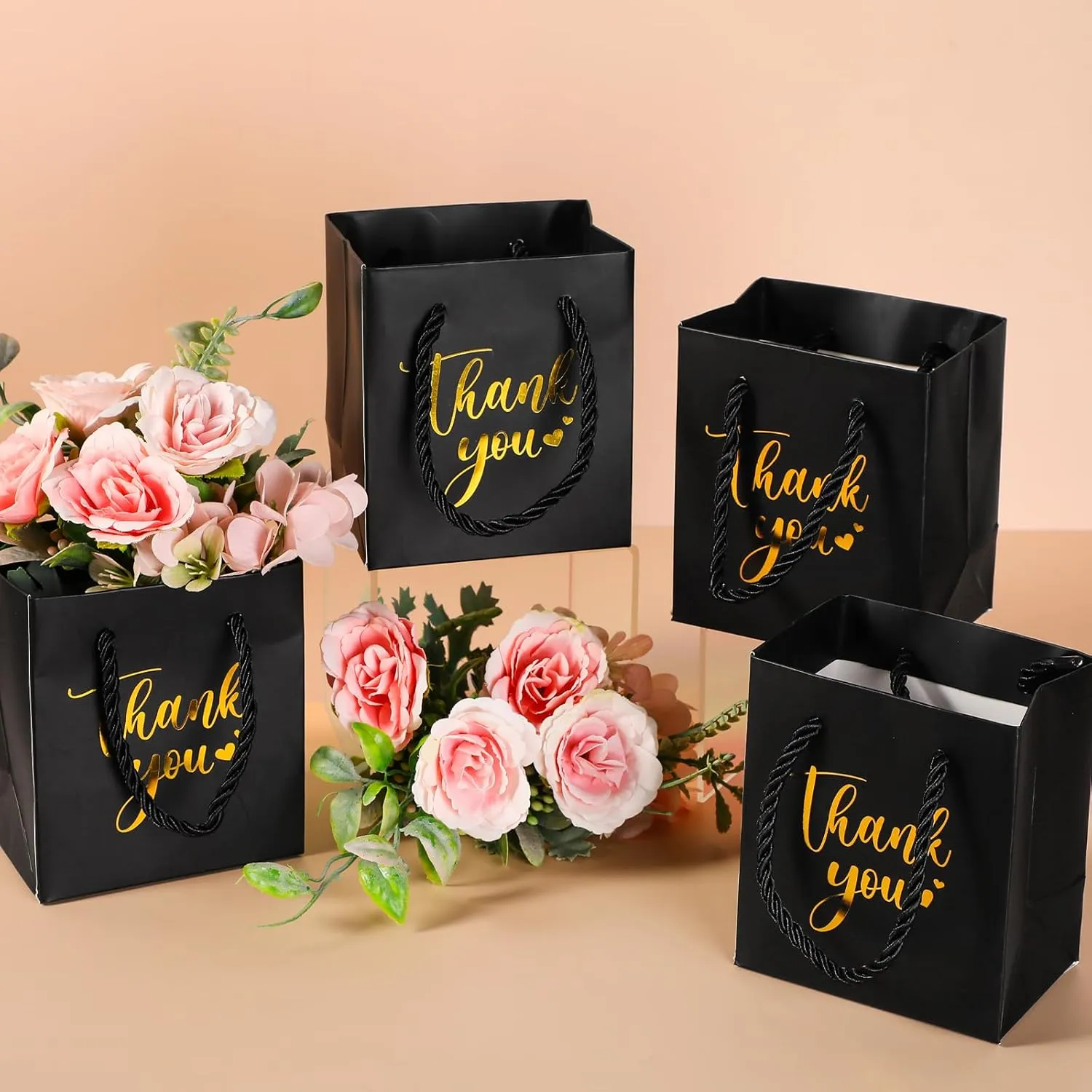 Honoson 60 Pcs Mini Gift Bag with Handle 4 x 2.75 x 4.5'' Small Thank You Paper Foil Gift Bag for Wedding Birthday Party Favor(Black)