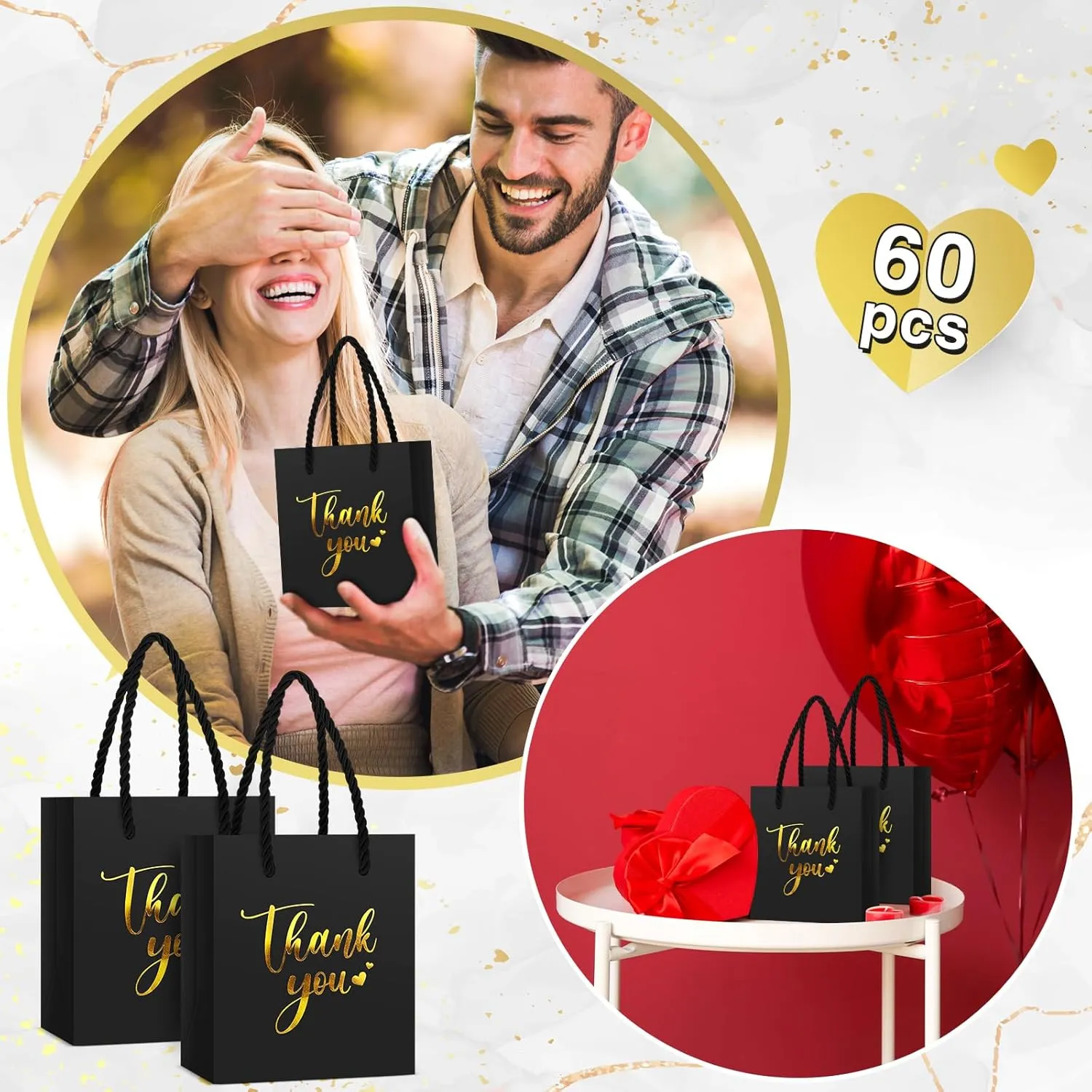 Honoson 60 Pcs Mini Gift Bag with Handle 4 x 2.75 x 4.5'' Small Thank You Paper Foil Gift Bag for Wedding Birthday Party Favor(Black)