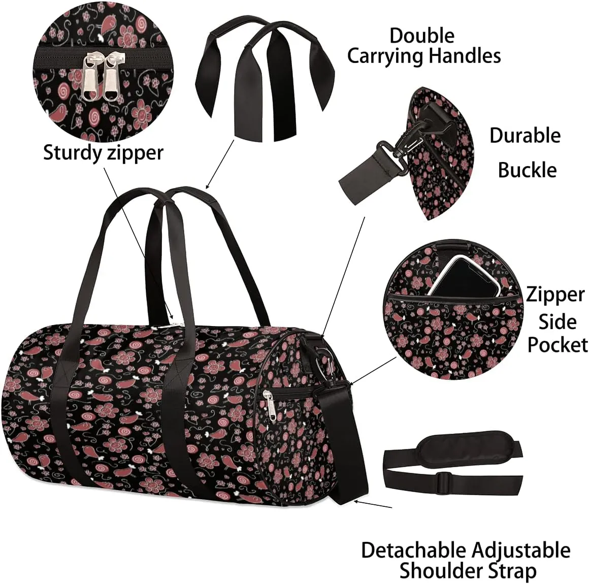 Hot Pink Gym Bag Small Gym Duffel Bags for Men Women Flower Birds Overnight Weekender Bag Lightweight Sport Duffle Bag Carry On Gymbag