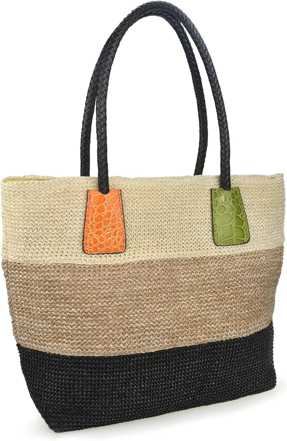 HOXIS Color Block Crocodile Pattern Stripes Woven Synthetic Straw Tote Womens Shoulder Handbag #Lovewin