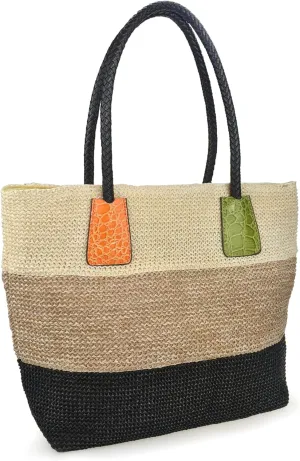 HOXIS Color Block Crocodile Pattern Stripes Woven Synthetic Straw Tote Womens Shoulder Handbag #Lovewin