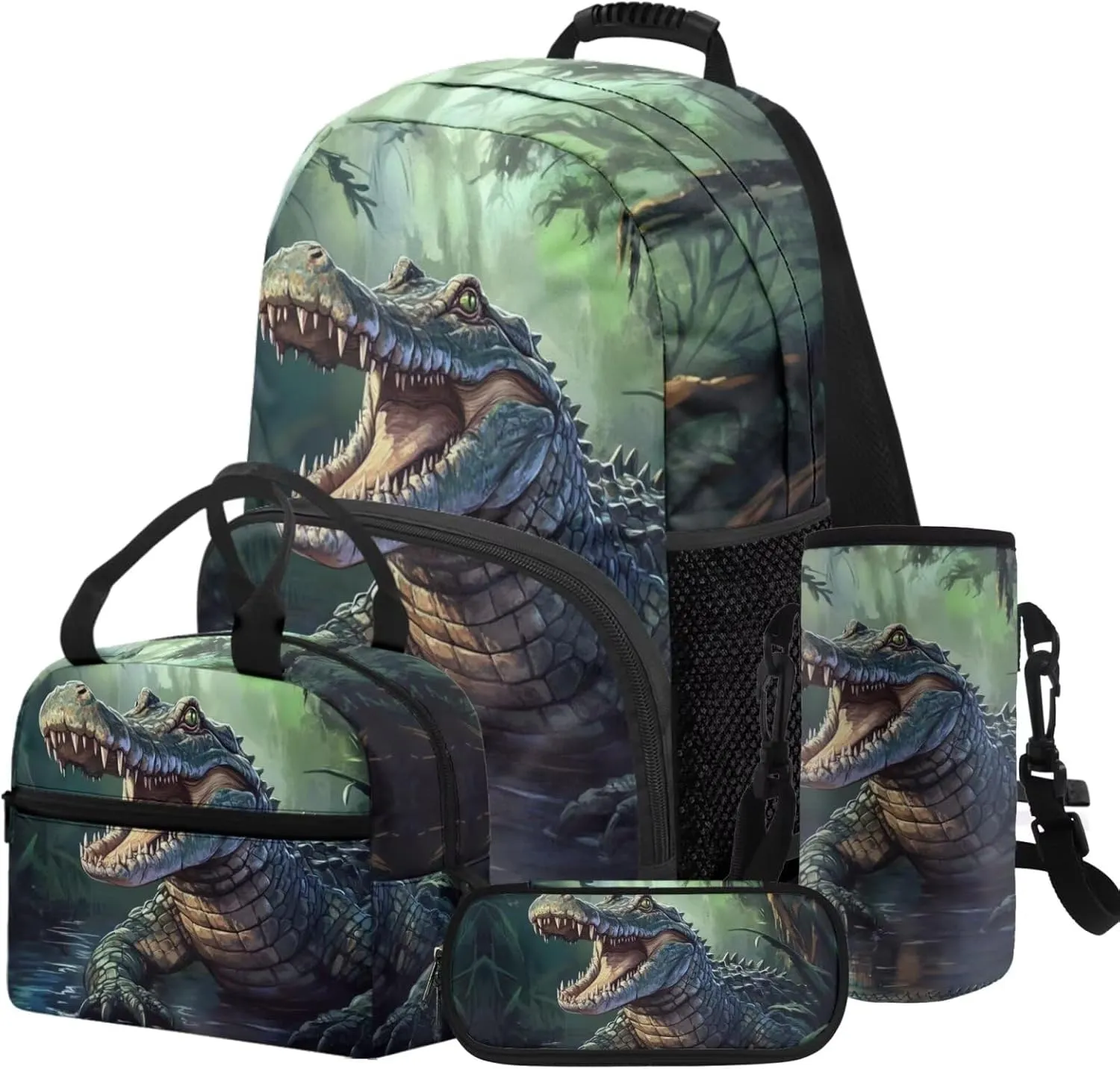 HUGS IDEA Cool Crocodile Backpack for Kids Cool Boys Schoolbag Set with Lunch Box Pencil Case Water Bottle Cover Elementary School Bookbag for 5Th Grade Large Book Bags for Students