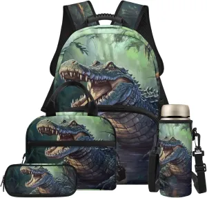 HUGS IDEA Cool Crocodile Backpack for Kids Cool Boys Schoolbag Set with Lunch Box Pencil Case Water Bottle Cover Elementary School Bookbag for 5Th Grade Large Book Bags for Students