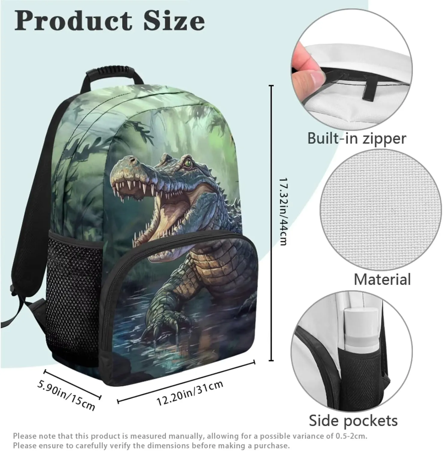HUGS IDEA Cool Crocodile Backpack for Kids Cool Boys Schoolbag Set with Lunch Box Pencil Case Water Bottle Cover Elementary School Bookbag for 5Th Grade Large Book Bags for Students