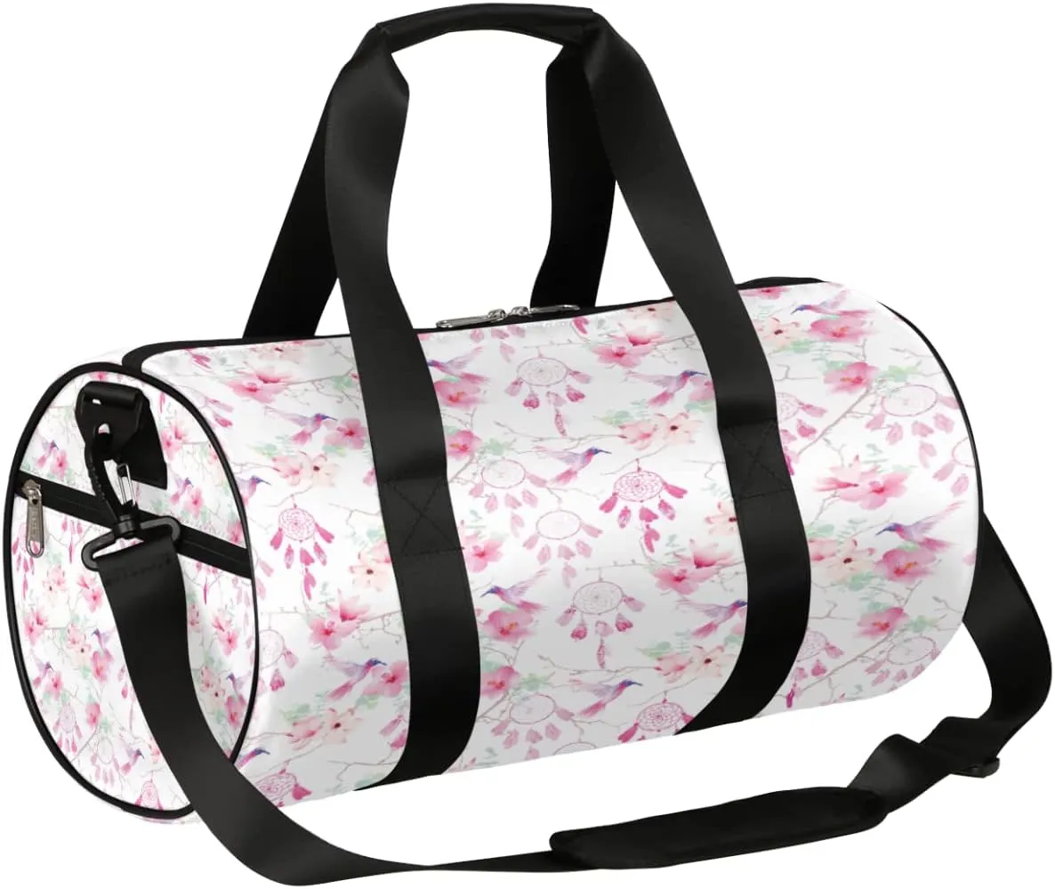 Hummingbirds Flowers Gym Bag Small Gym Duffel Bags for Men Women Pink Overnight Weekender Bag Lightweight Sport Duffle Bag Carry On Gymbag