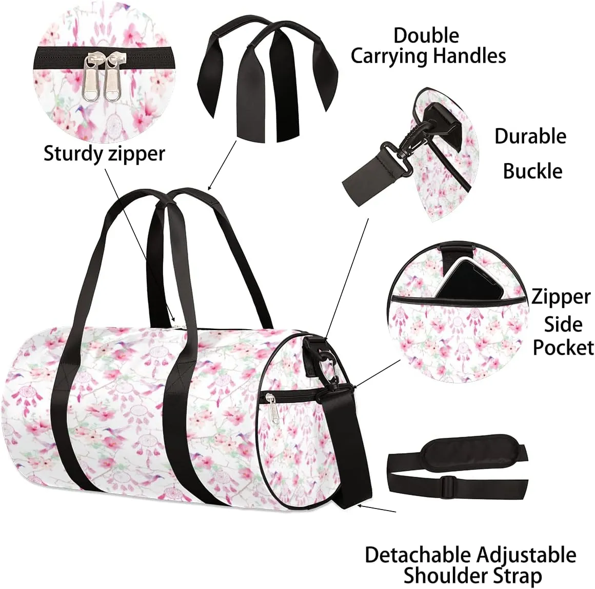 Hummingbirds Flowers Gym Bag Small Gym Duffel Bags for Men Women Pink Overnight Weekender Bag Lightweight Sport Duffle Bag Carry On Gymbag