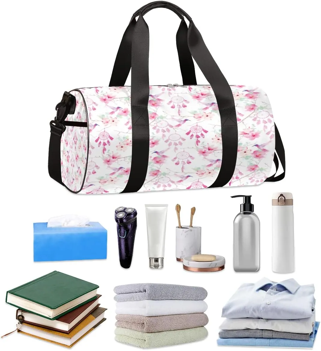 Hummingbirds Flowers Gym Bag Small Gym Duffel Bags for Men Women Pink Overnight Weekender Bag Lightweight Sport Duffle Bag Carry On Gymbag