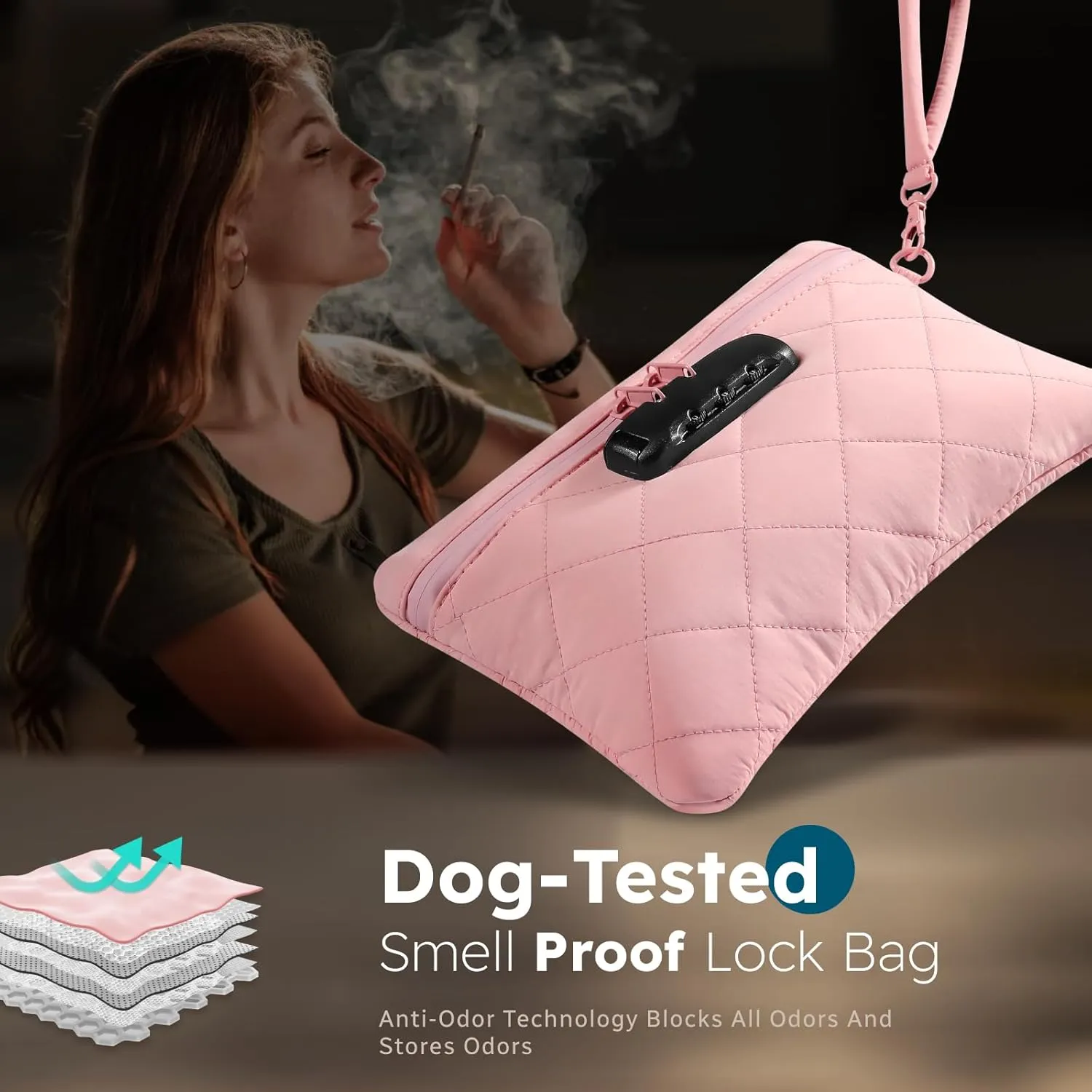 IDEATECH Smell Proof Bag, Quilted Puffer Stash Bag, Smell Proof Container, Security Money Bag with Lock, Odor Proof Storage Bags for Accessories, Travel Scent Locked Pouch, Unique Women Gift(Pink)