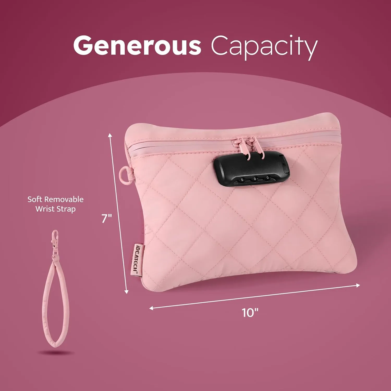 IDEATECH Smell Proof Bag, Quilted Puffer Stash Bag, Smell Proof Container, Security Money Bag with Lock, Odor Proof Storage Bags for Accessories, Travel Scent Locked Pouch, Unique Women Gift(Pink)