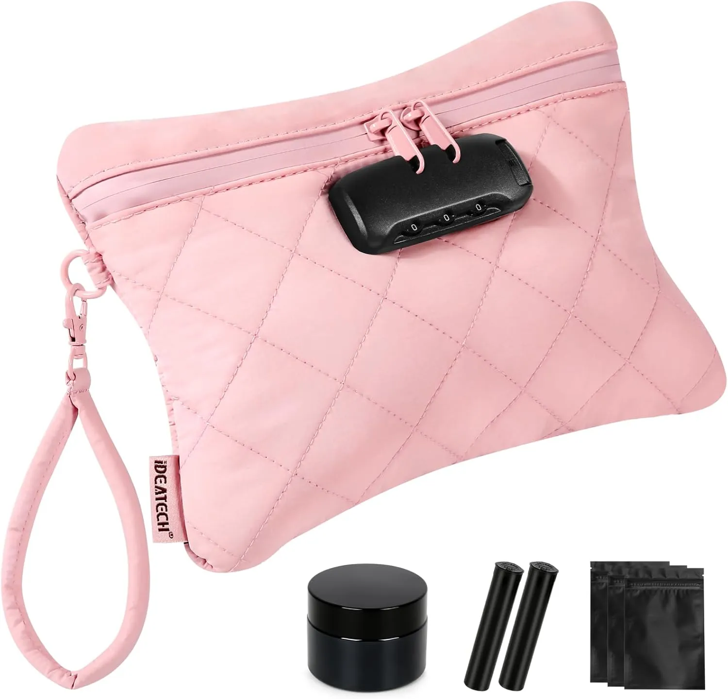 IDEATECH Smell Proof Bag, Quilted Puffer Stash Bag, Smell Proof Container, Security Money Bag with Lock, Odor Proof Storage Bags for Accessories, Travel Scent Locked Pouch, Unique Women Gift(Pink)