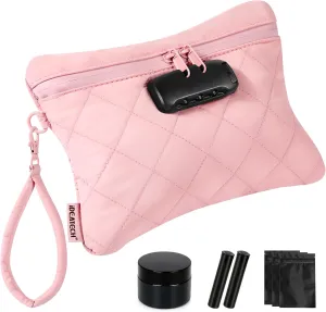 IDEATECH Smell Proof Bag, Quilted Puffer Stash Bag, Smell Proof Container, Security Money Bag with Lock, Odor Proof Storage Bags for Accessories, Travel Scent Locked Pouch, Unique Women Gift(Pink)