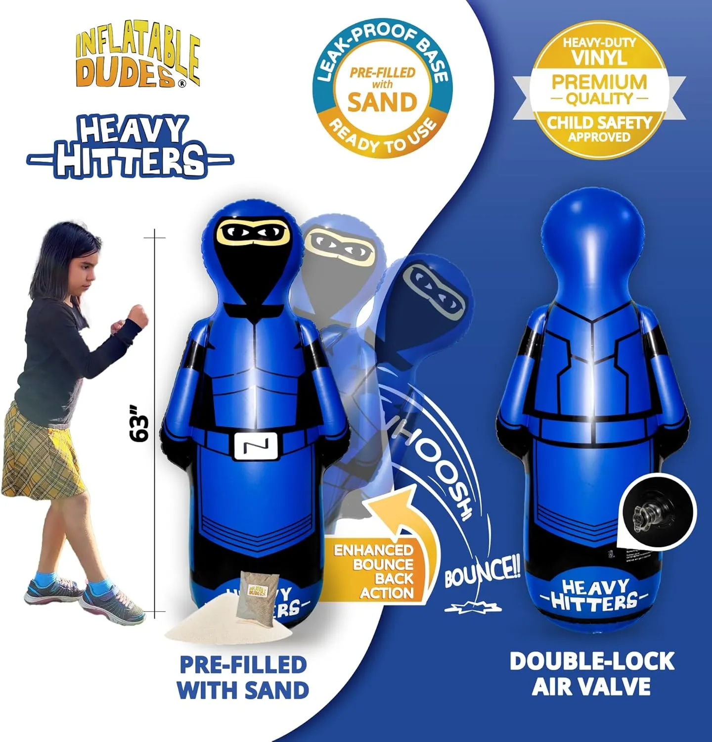 INFLATABLE DUDES Ninja Toy 63 Inches -Kids Punching Bag | Already Filled with Sand| Bop Bag | Inflatable Bopper | Boxing | Ninja Birthday Party | Punching Bag for Kids- (Heavy Hitters Nobi)