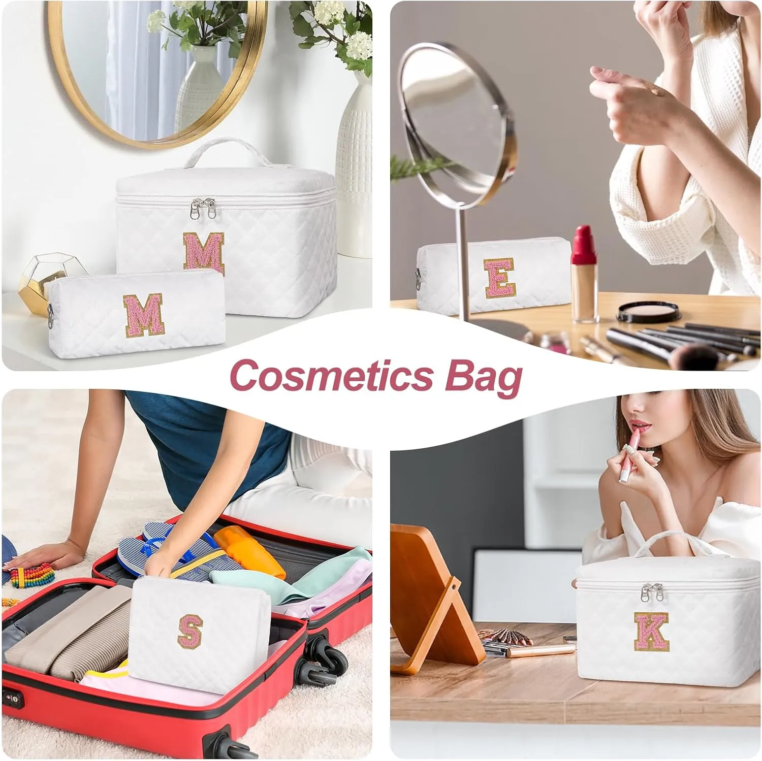 Initial Makeup Bag Set,Personalized Cosmetic Bag for Women,Cute Make Up Bags,Toiletry Organizer Travel Accessories-K