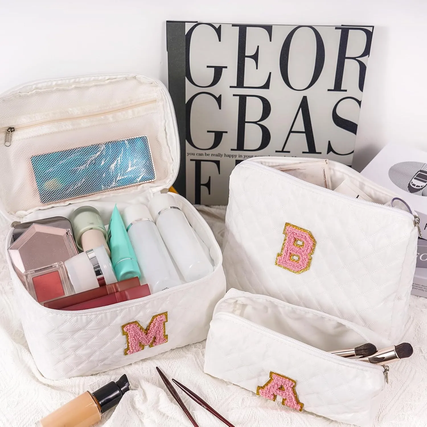Initial Makeup Bag Set,Personalized Cosmetic Bag for Women,Cute Make Up Bags,Toiletry Organizer Travel Accessories-K