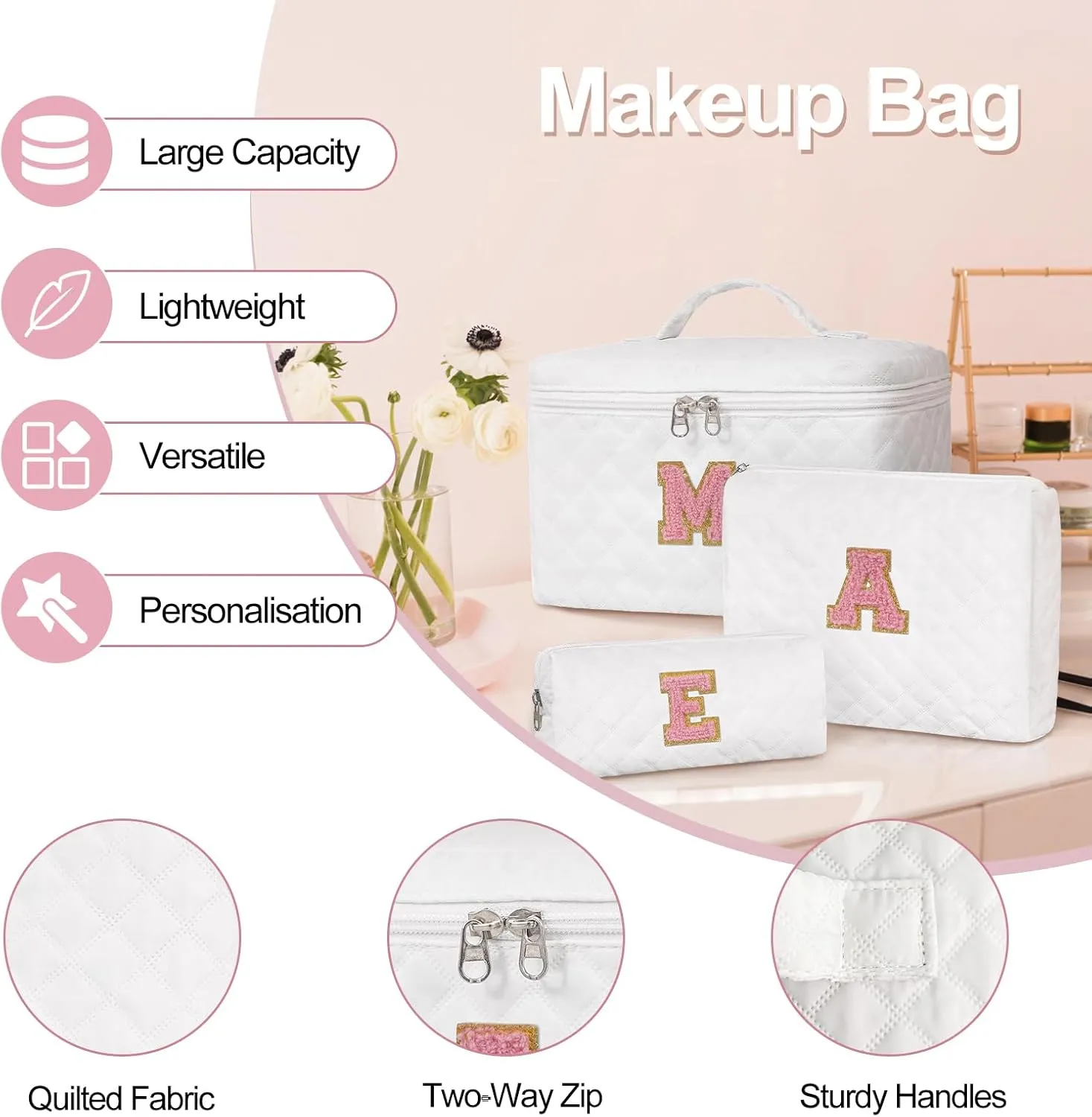 Initial Makeup Bag Set,Personalized Cosmetic Bag for Women,Cute Make Up Bags,Toiletry Organizer Travel Accessories-K