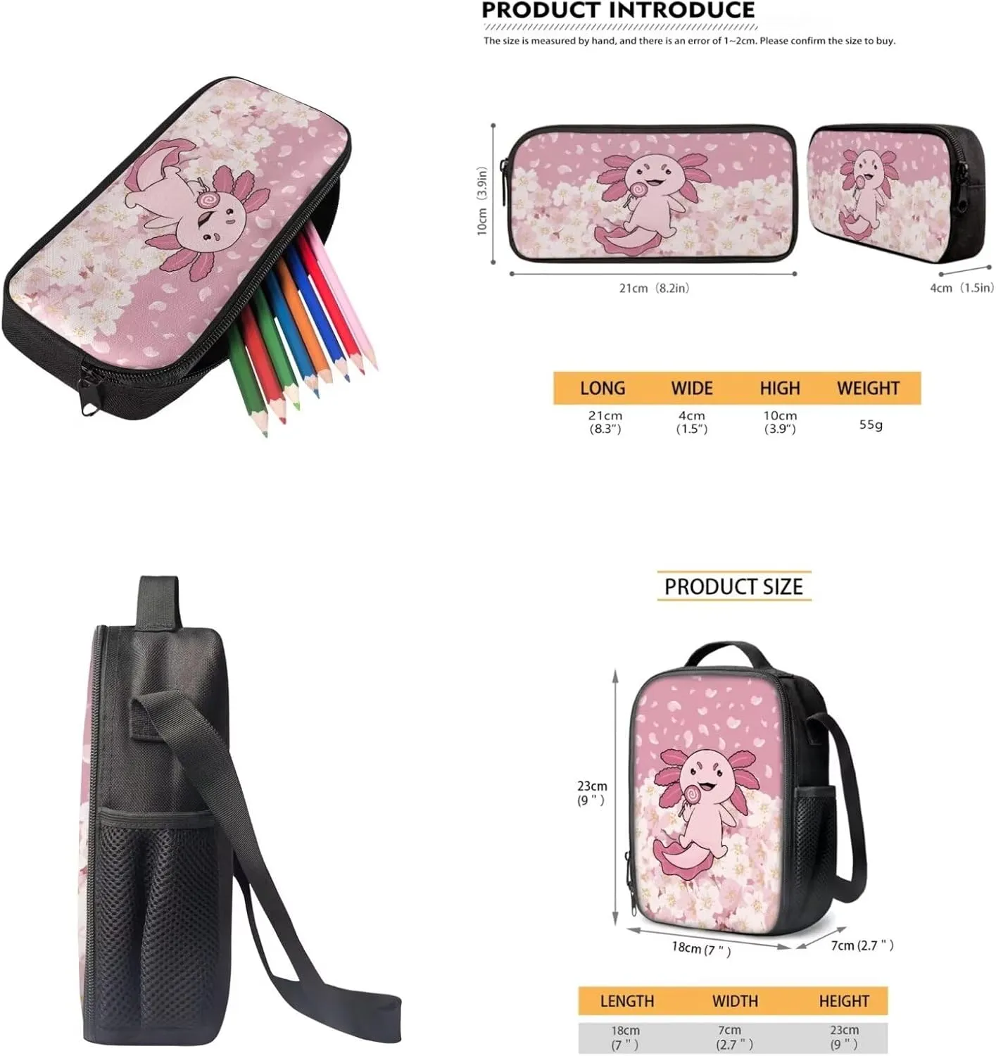 INSTANTARTS Axolotl Girls Backpack with Lunchbox 8-12 Kids Cute Large School Bags 3 Piece Set Student Travel Shoulder Bags Bookbag