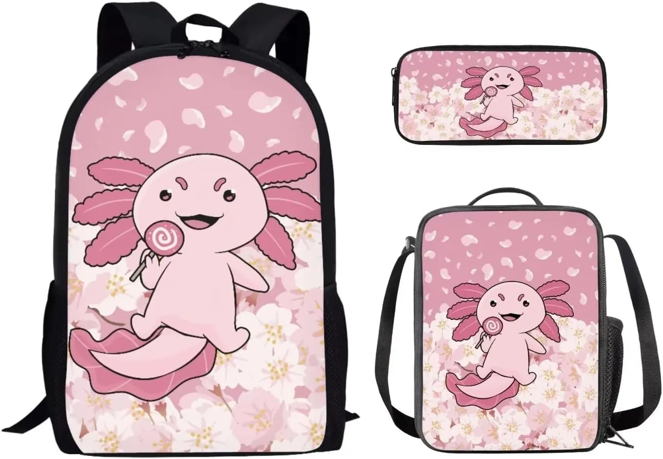 INSTANTARTS Axolotl Girls Backpack with Lunchbox 8-12 Kids Cute Large School Bags 3 Piece Set Student Travel Shoulder Bags Bookbag