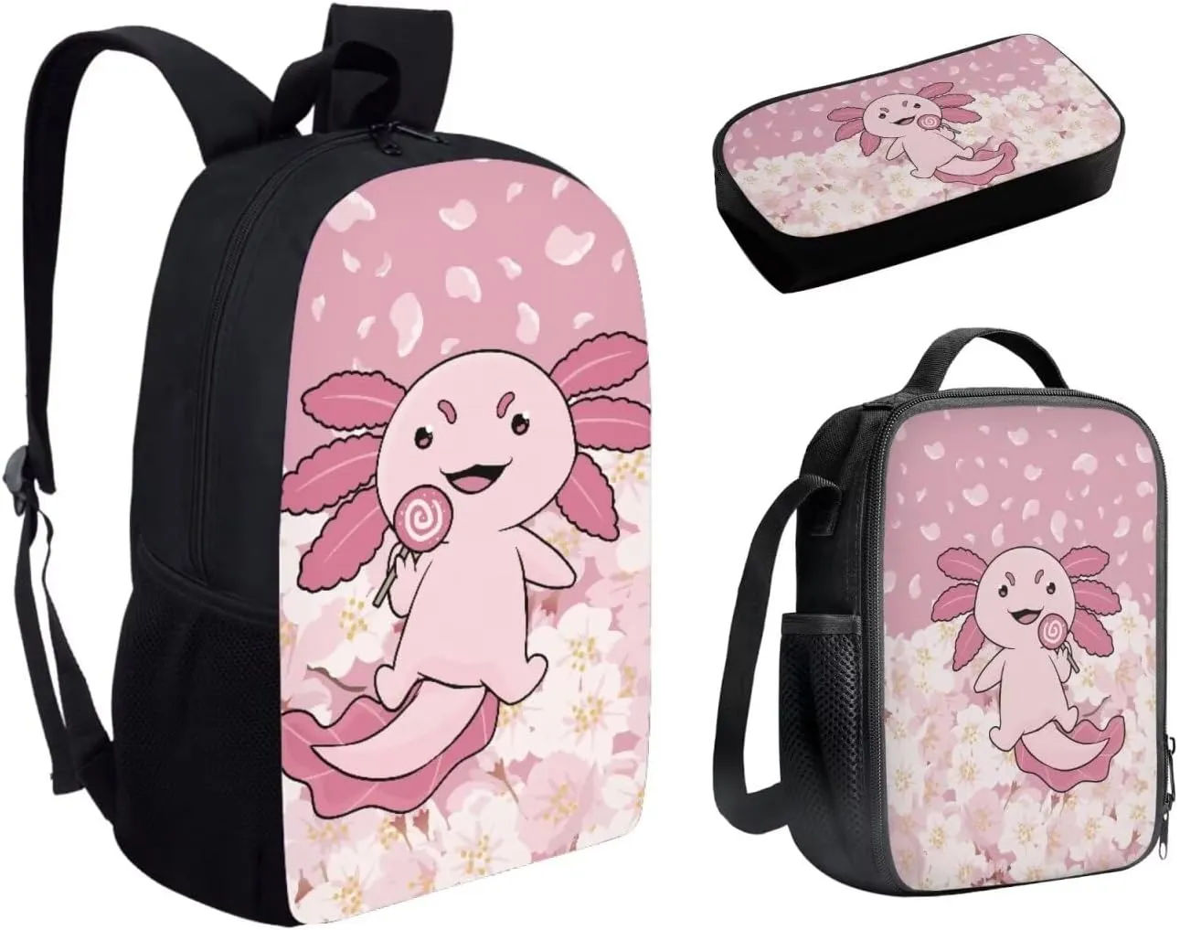 INSTANTARTS Axolotl Girls Backpack with Lunchbox 8-12 Kids Cute Large School Bags 3 Piece Set Student Travel Shoulder Bags Bookbag
