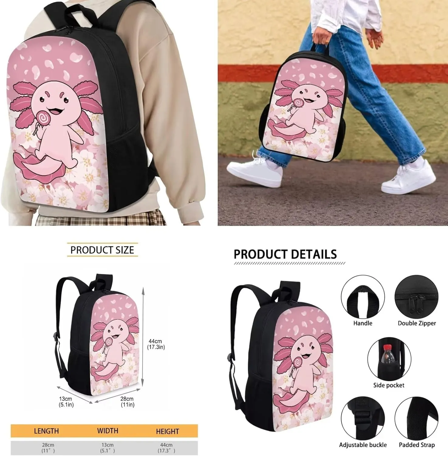 INSTANTARTS Axolotl Girls Backpack with Lunchbox 8-12 Kids Cute Large School Bags 3 Piece Set Student Travel Shoulder Bags Bookbag