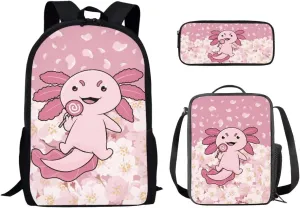 INSTANTARTS Axolotl Girls Backpack with Lunchbox 8-12 Kids Cute Large School Bags 3 Piece Set Student Travel Shoulder Bags Bookbag