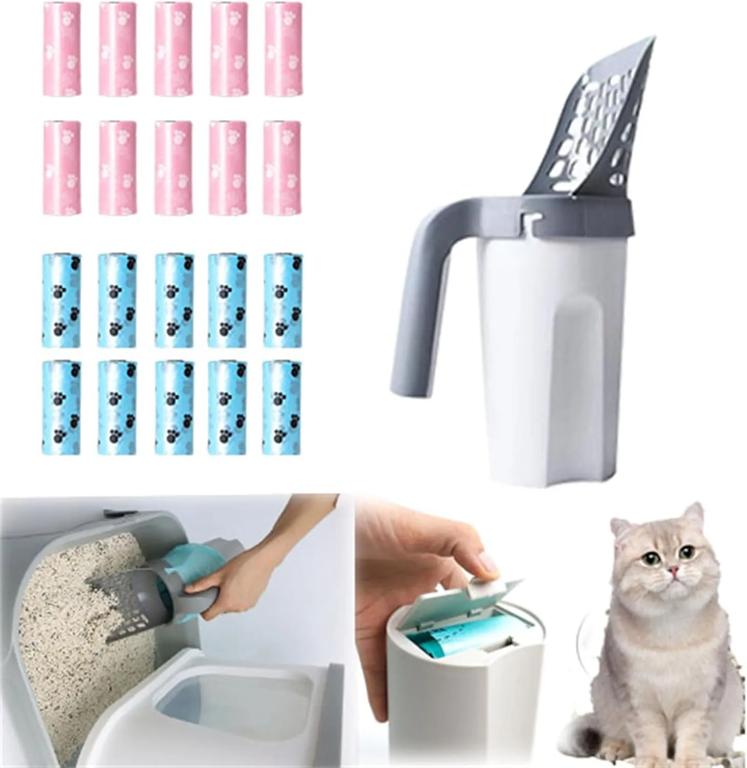 Integrated Cat Litter Scoop, Plentyet Integrated Cat Litter Scoop, Cat Litter Scoop Integrated Detachable Deep Shovel, Includes Rolls of Garbage Bags (1 Shovel 20 Garbage Bags)