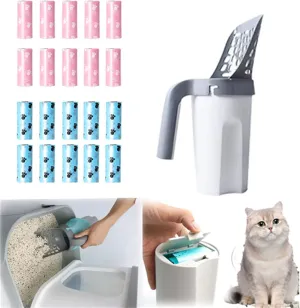 Integrated Cat Litter Scoop, Plentyet Integrated Cat Litter Scoop, Cat Litter Scoop Integrated Detachable Deep Shovel, Includes Rolls of Garbage Bags (1 Shovel 20 Garbage Bags)