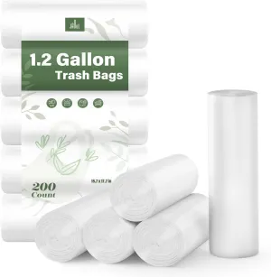 Jaoul Small Trash Bags 1.2 Gallon, Unscented Strong Garbage Bags for Bathroom, Cat Litter - White, 200 Counts