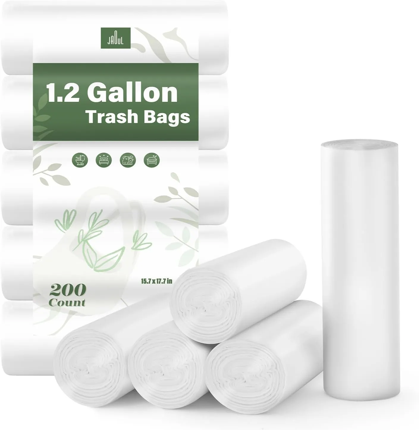 Jaoul Small Trash Bags 1.2 Gallon, Unscented Strong Garbage Bags for Bathroom, Cat Litter - White, 200 Counts