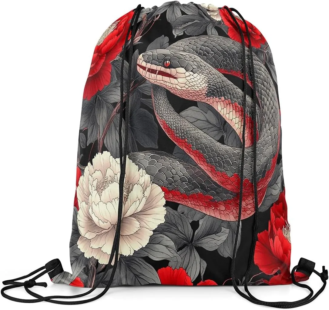 Japanese Ukiyo-E Style Drawstring Backpack 13x15.7, Japanese Snake Foldable String Bag, Peony Flowers Floral Sackpack For Sport Gym, Animals Botanical Cinch Bags