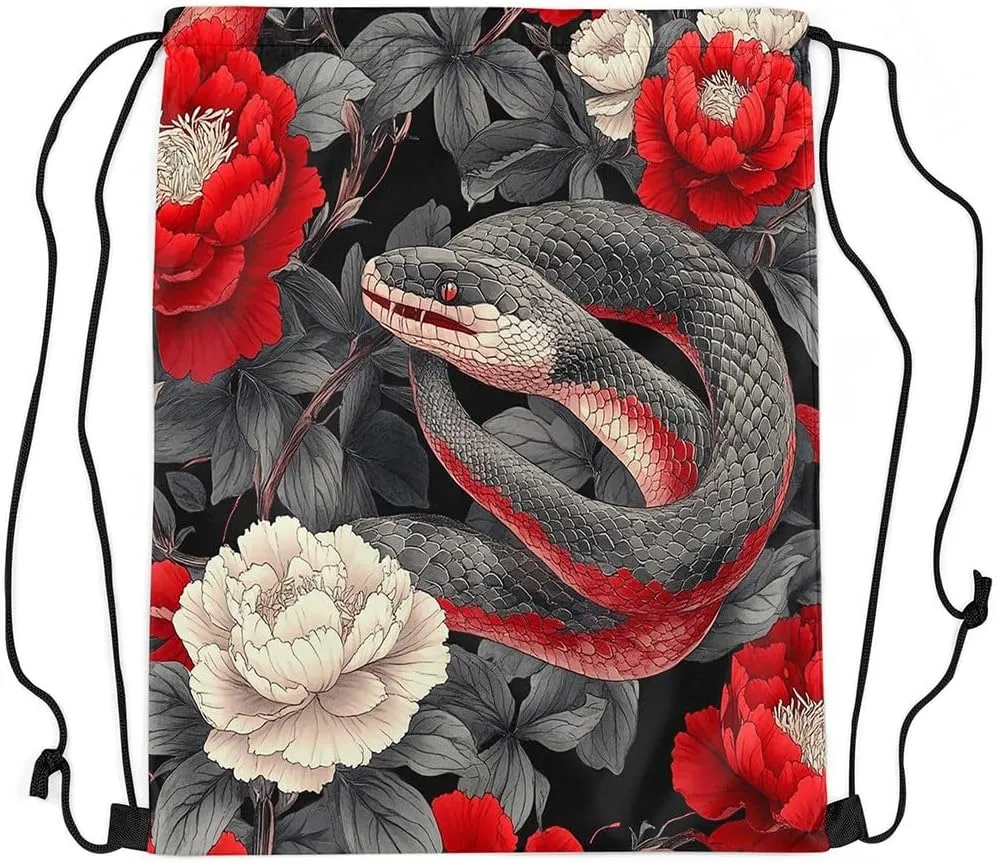 Japanese Ukiyo-E Style Drawstring Backpack 13x15.7, Japanese Snake Foldable String Bag, Peony Flowers Floral Sackpack For Sport Gym, Animals Botanical Cinch Bags