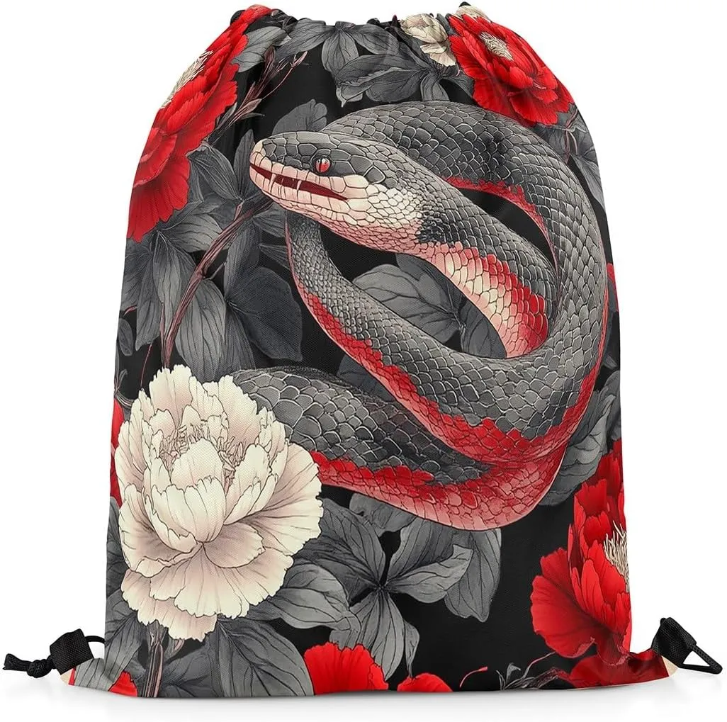 Japanese Ukiyo-E Style Drawstring Backpack 13x15.7, Japanese Snake Foldable String Bag, Peony Flowers Floral Sackpack For Sport Gym, Animals Botanical Cinch Bags