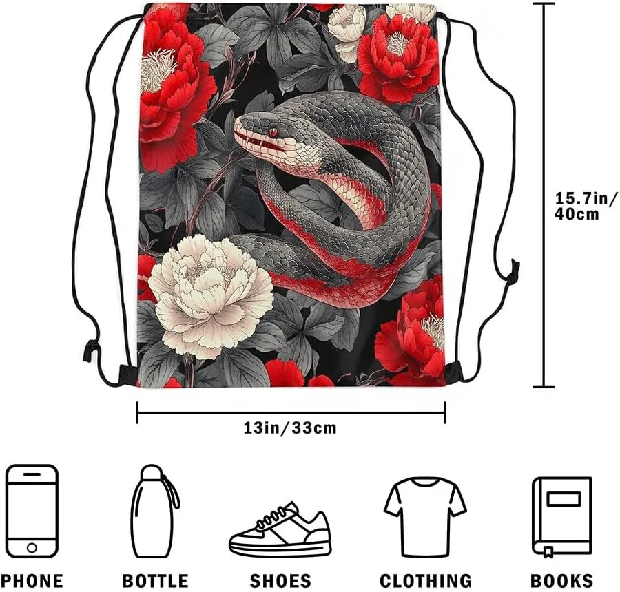 Japanese Ukiyo-E Style Drawstring Backpack 13x15.7, Japanese Snake Foldable String Bag, Peony Flowers Floral Sackpack For Sport Gym, Animals Botanical Cinch Bags