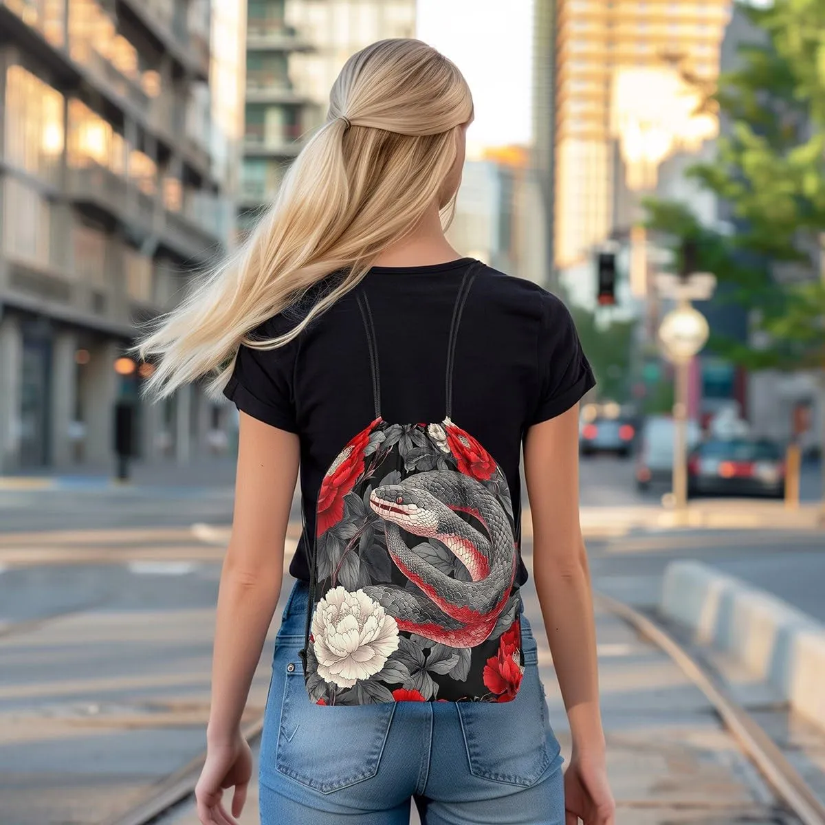Japanese Ukiyo-E Style Drawstring Backpack 13x15.7, Japanese Snake Foldable String Bag, Peony Flowers Floral Sackpack For Sport Gym, Animals Botanical Cinch Bags
