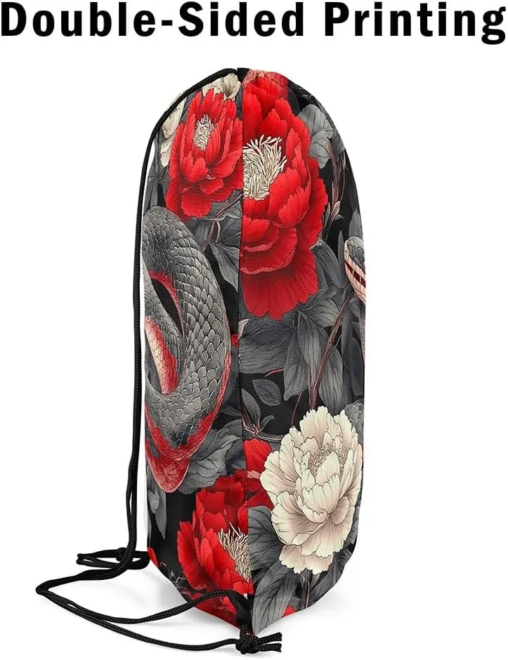Japanese Ukiyo-E Style Drawstring Backpack 13x15.7, Japanese Snake Foldable String Bag, Peony Flowers Floral Sackpack For Sport Gym, Animals Botanical Cinch Bags